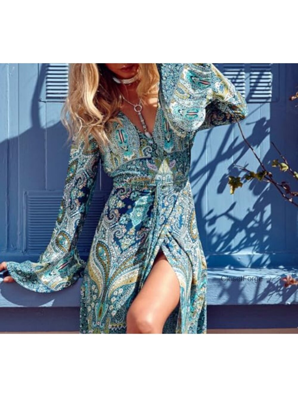 R.Vivimos Women's Floral Maxi Dress Long Sleeve V-Neck Ruffle Hem Wrap Tie - Picture 4 of 6